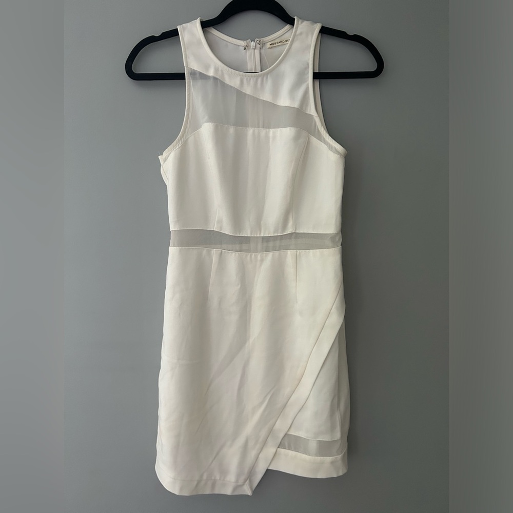 White Mustard Seed Asymmetrical Mesh Cutout Dress